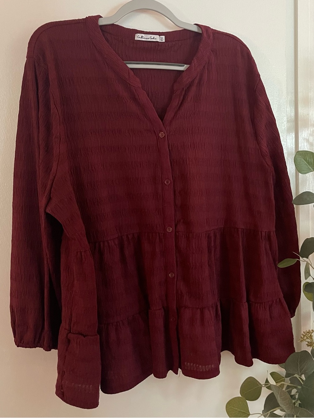 Button-Front Peplum Tunic Top in Burgundy